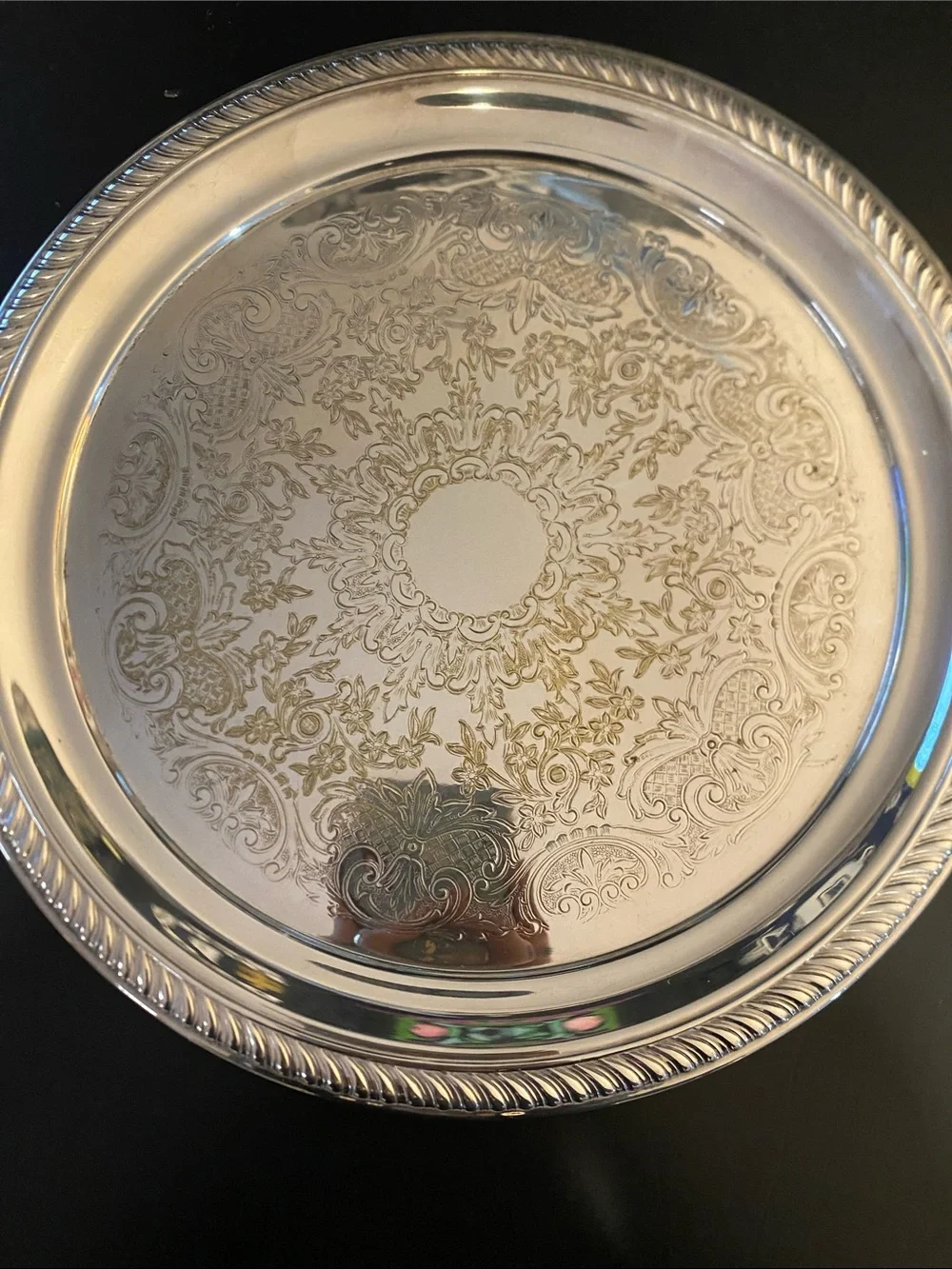 Ornate Silver-Tone Serving Tray with Handles